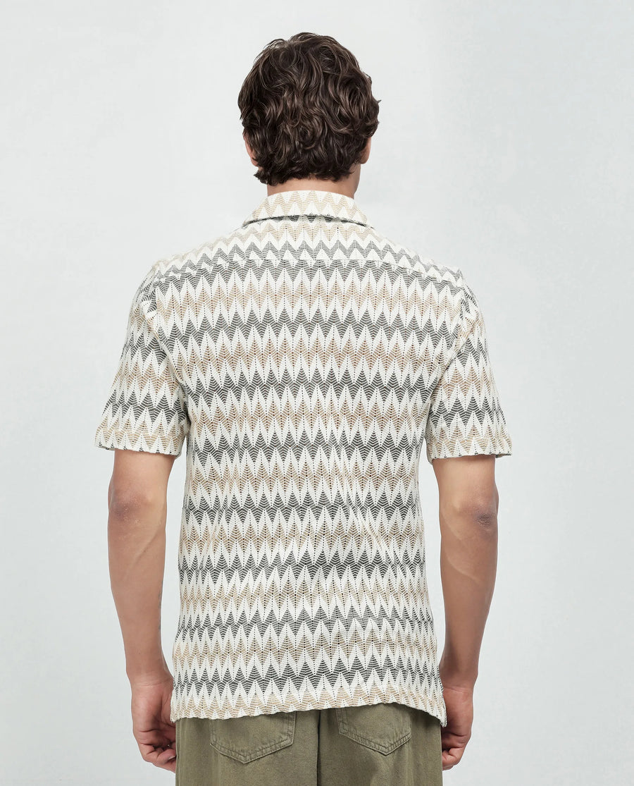 Rare Rabbit Men's Nikon Beige Cotton Zig Zag Print Boxy Fit Half Sleeve Cuban Collar Shirt