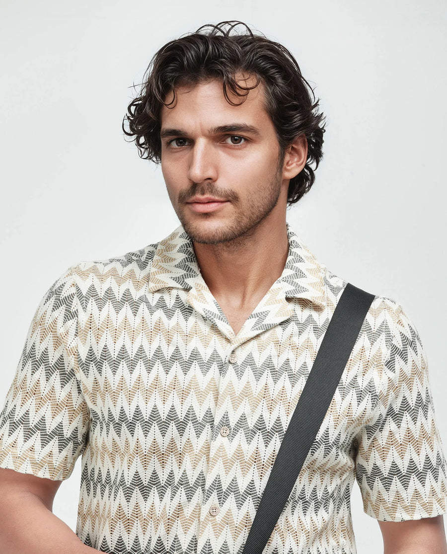 Rare Rabbit Men's Nikon Beige Cotton Zig Zag Print Boxy Fit Half Sleeve Cuban Collar Shirt
