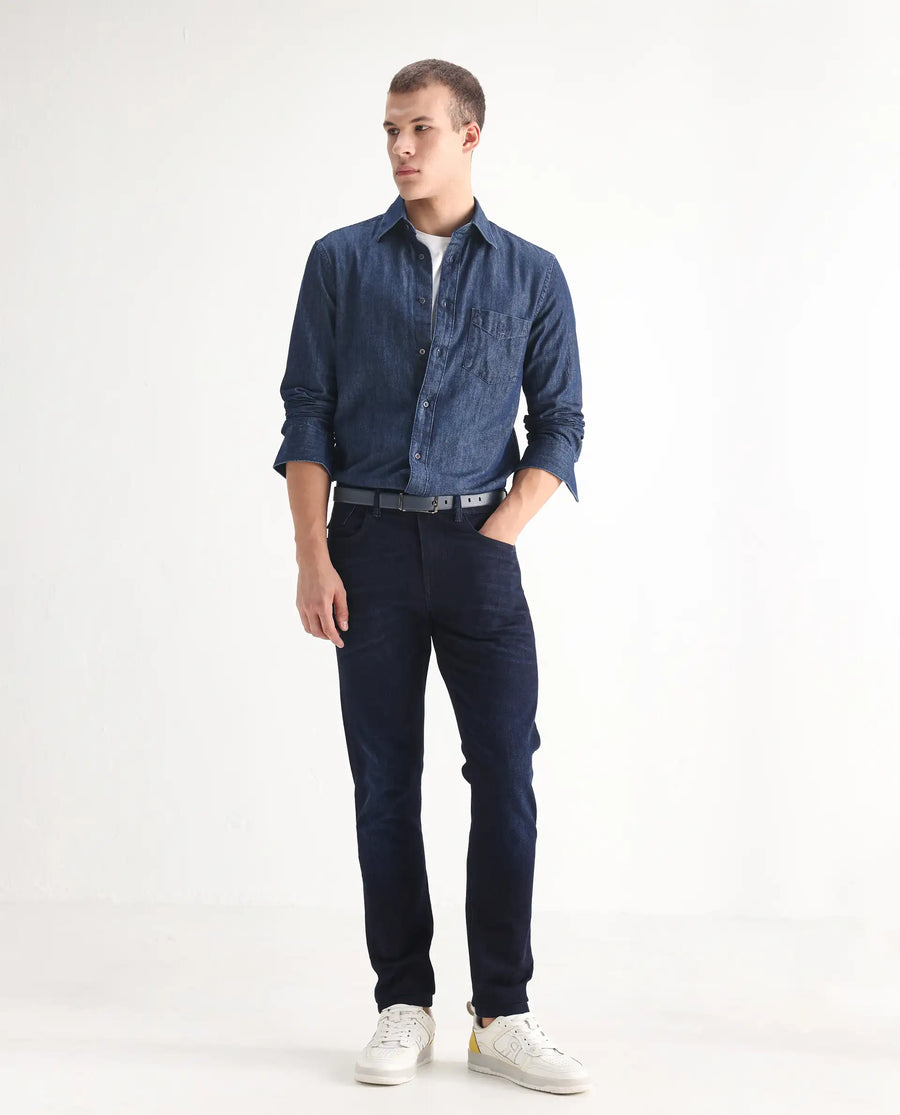Rare Rabbit Men's Nikos Dark Navy Cotton Blend Plain Morris Regular Fit Jeans