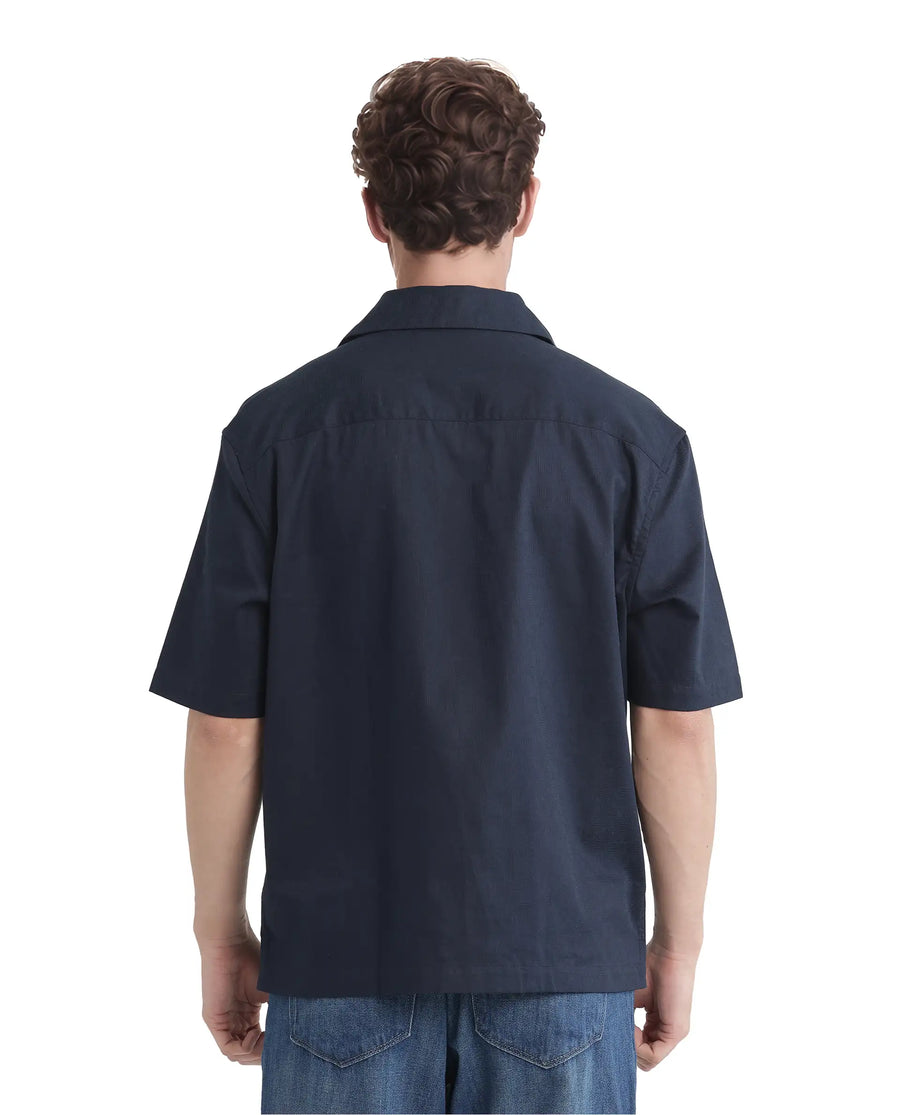 Rare Rabbit Men's Nino Navy Cotton Plain Boxy Fit Half Sleeve Cuban Collar Shirt