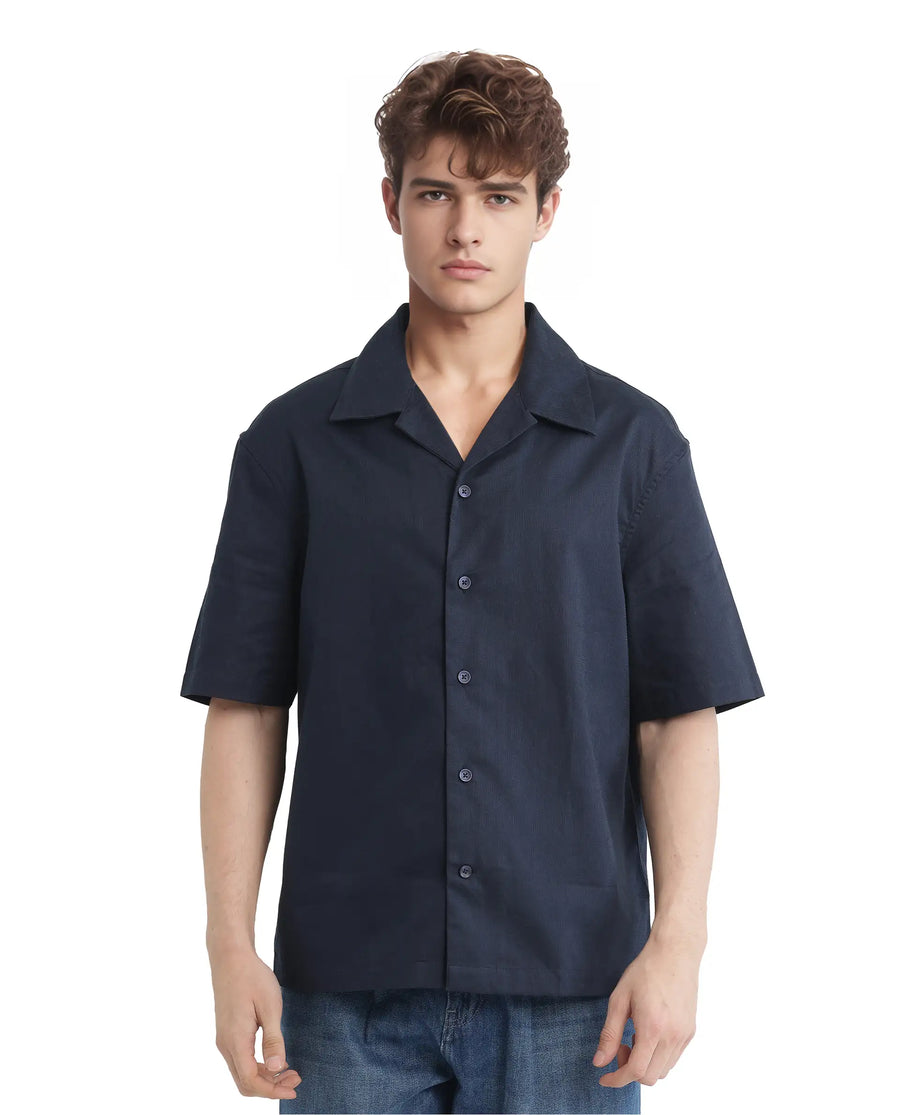 Rare Rabbit Men's Nino Navy Cotton Plain Boxy Fit Half Sleeve Cuban Collar Shirt