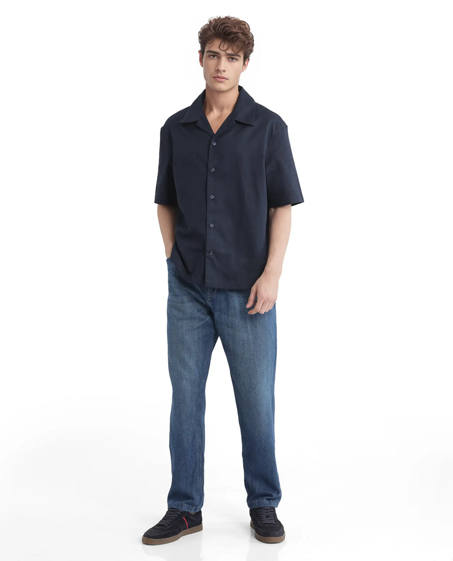 Rare Rabbit Men's Nino Navy Cotton Plain Boxy Fit Half Sleeve Cuban Collar Shirt