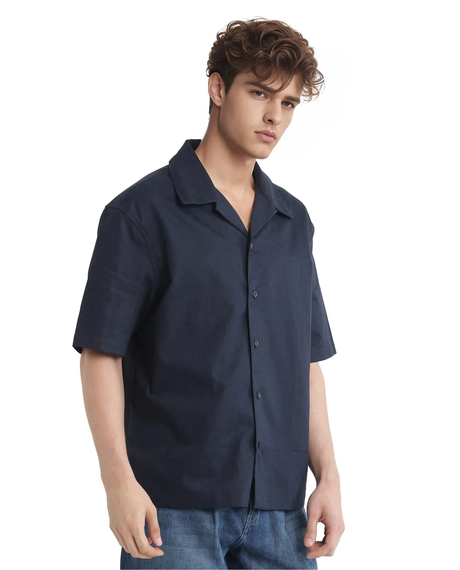 Rare Rabbit Men's Nino Navy Cotton Plain Boxy Fit Half Sleeve Cuban Collar Shirt