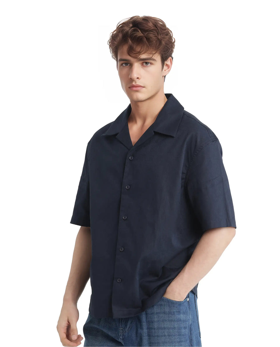 Rare Rabbit Men's Nino Navy Cotton Plain Boxy Fit Half Sleeve Cuban Collar Shirt
