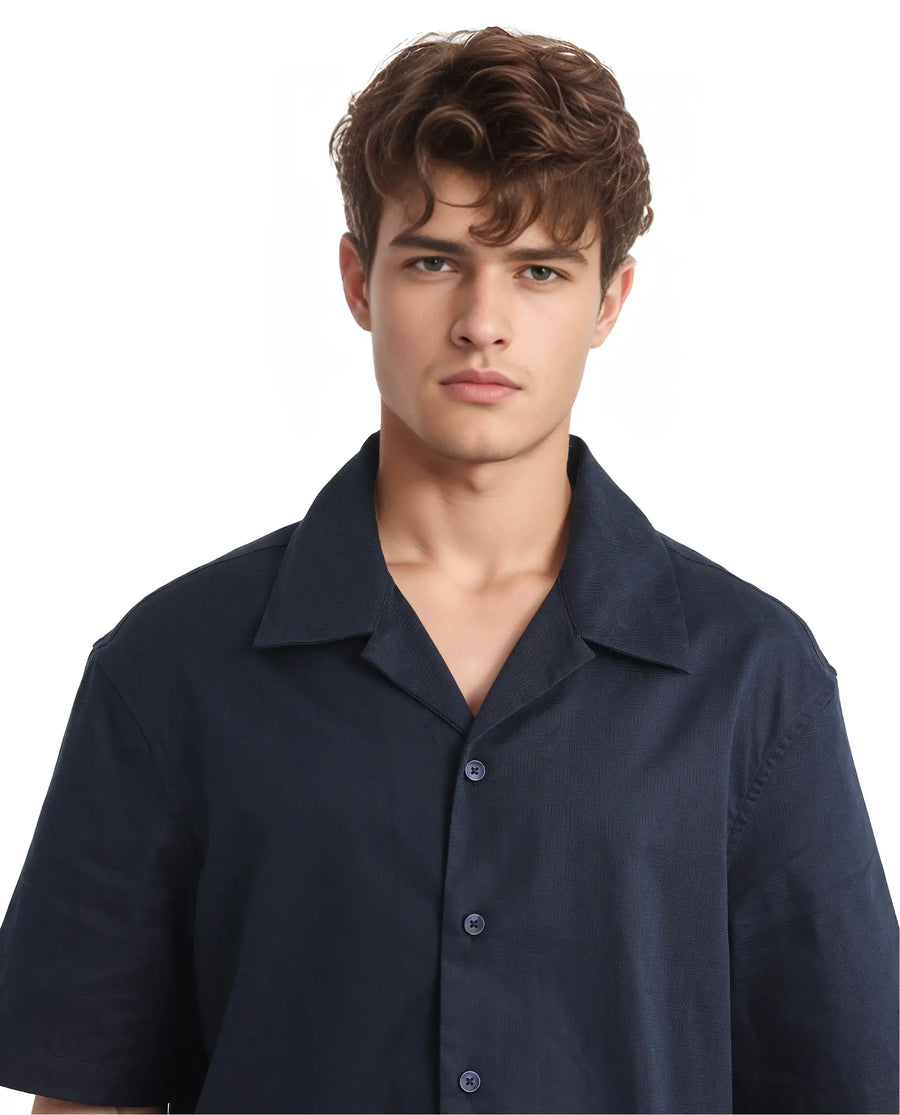Rare Rabbit Men's Nino Navy Cotton Plain Boxy Fit Half Sleeve Cuban Collar Shirt