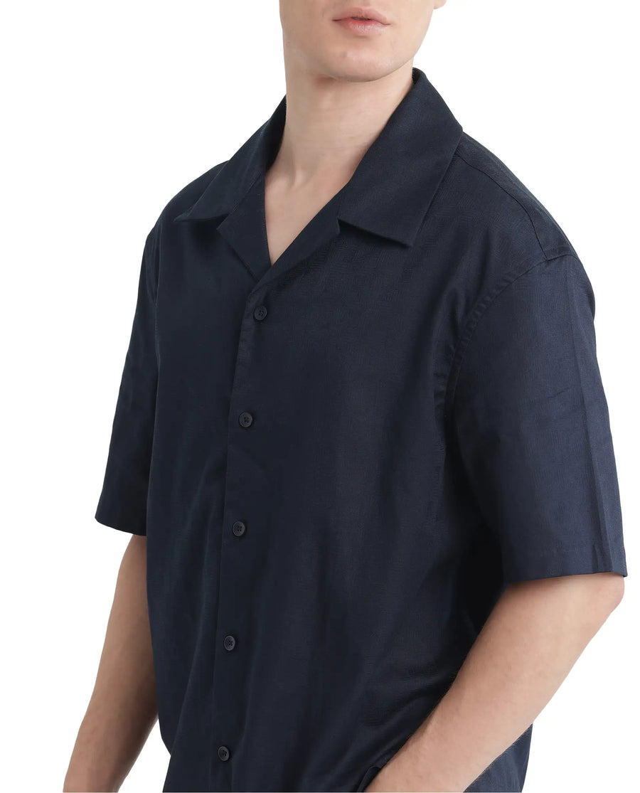 Rare Rabbit Men's Nino Navy Cotton Plain Boxy Fit Half Sleeve Cuban Collar Shirt