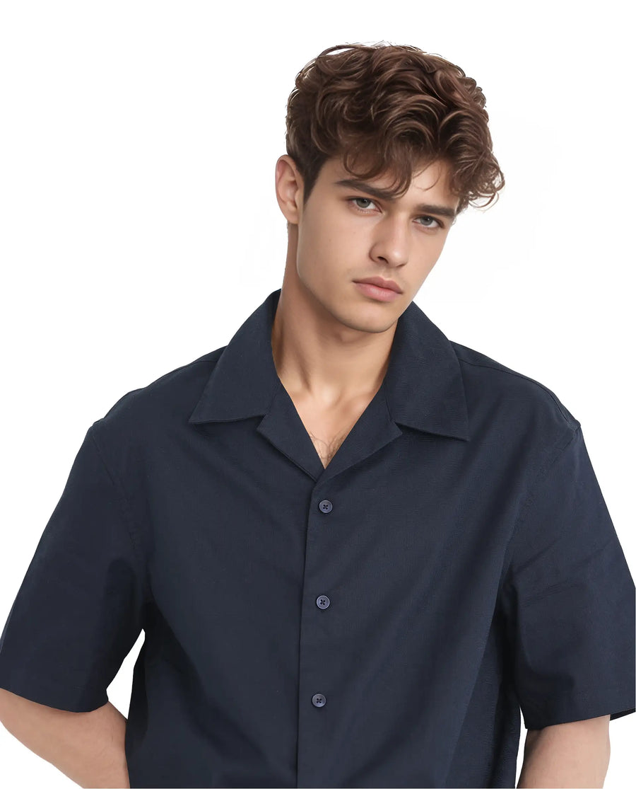 Rare Rabbit Men's Nino Navy Cotton Plain Boxy Fit Half Sleeve Cuban Collar Shirt