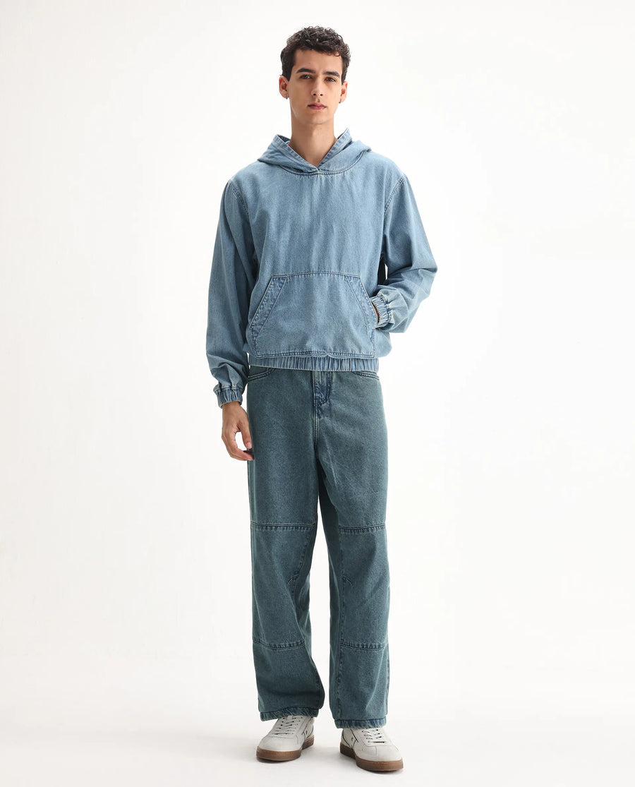 Rare Rabbit Men's Niok Green Cotton Plain Baggy Fit Jeans