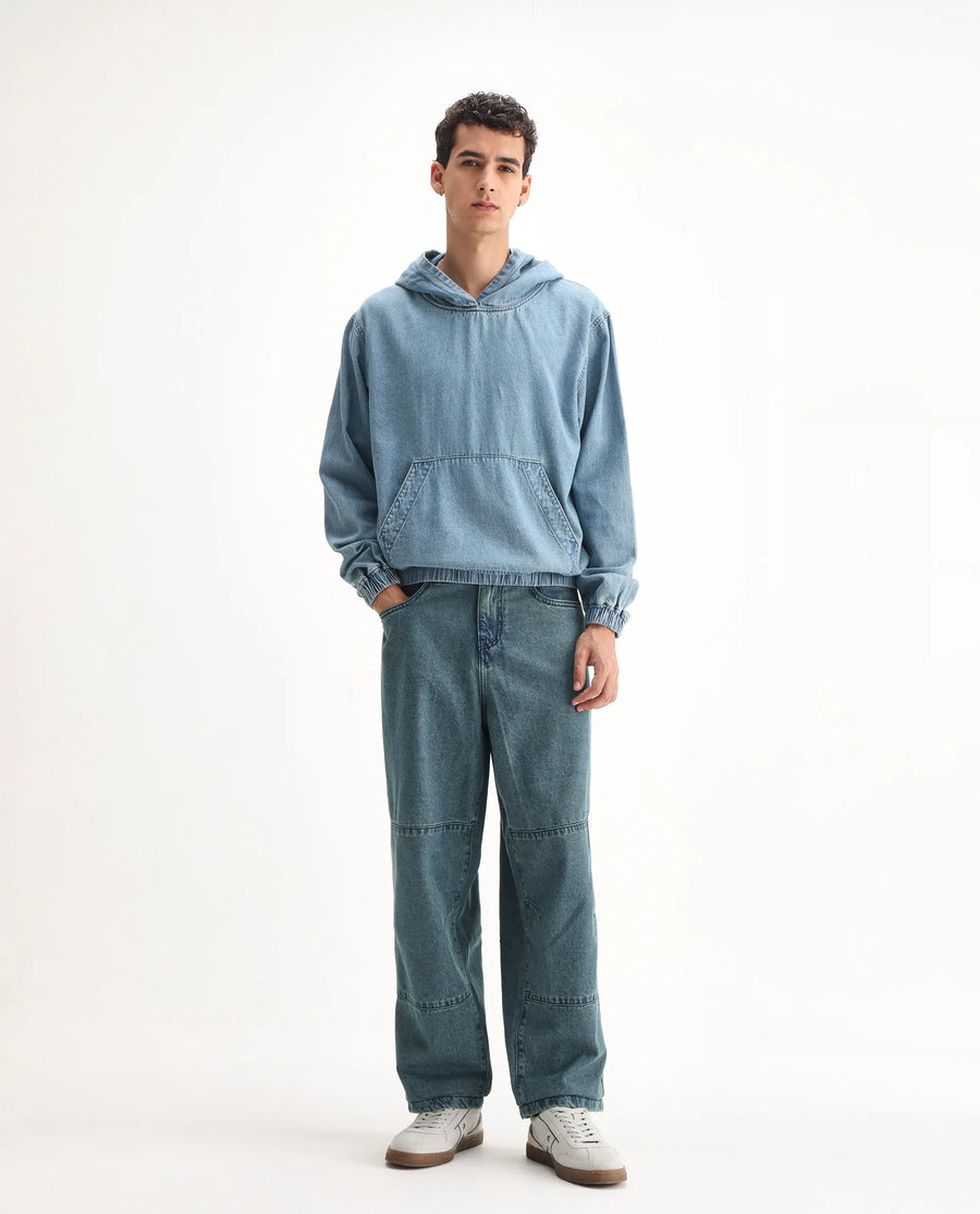 Rare Rabbit Men's Niok Green Cotton Plain Baggy Fit Jeans