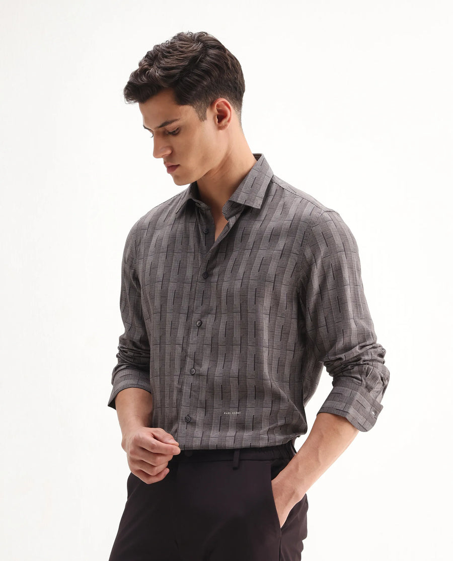 Rare Rabbit Men's Nira Brown Viscose Geometric Print Regular Fit Full Sleeve Collared Shirt