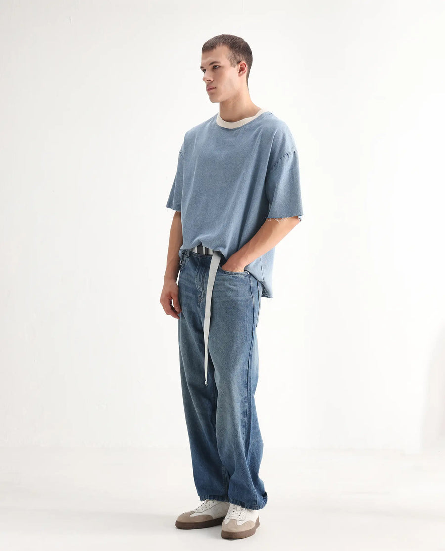 Rare Rabbit Men's Niret Blue Cotton Plain Baggy Fit Jeans