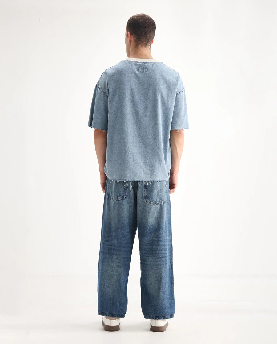 Rare Rabbit Men's Niret Blue Cotton Plain Baggy Fit Jeans