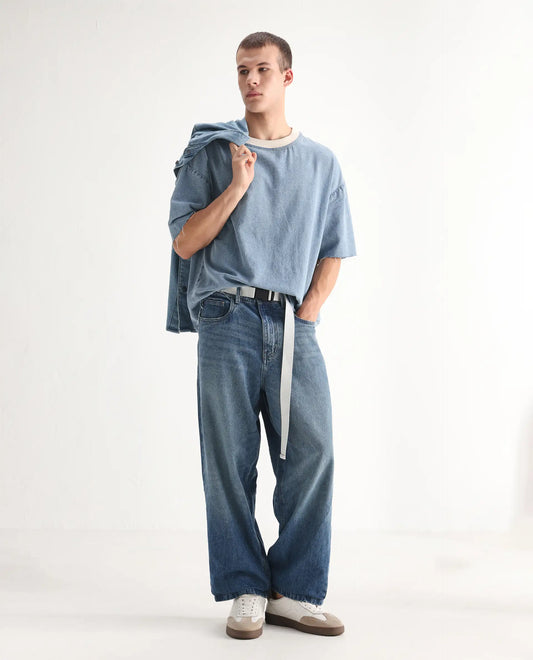 Rare Rabbit Men's Niret Blue Cotton Plain Baggy Fit Jeans