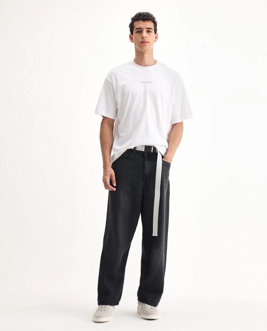 Rare Rabbit Men's Niret Dark Grey Cotton Plain Baggy Fit Jeans