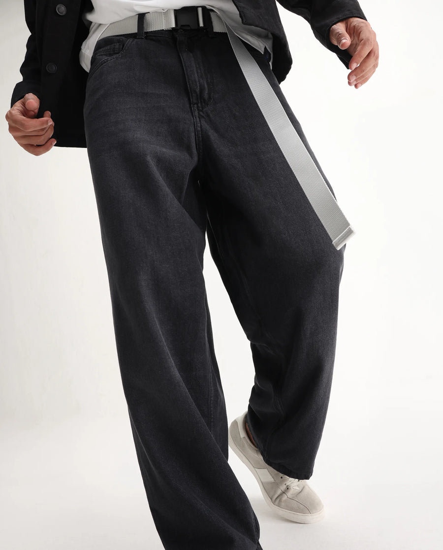 Rare Rabbit Men's Niret Dark Grey Cotton Plain Baggy Fit Jeans