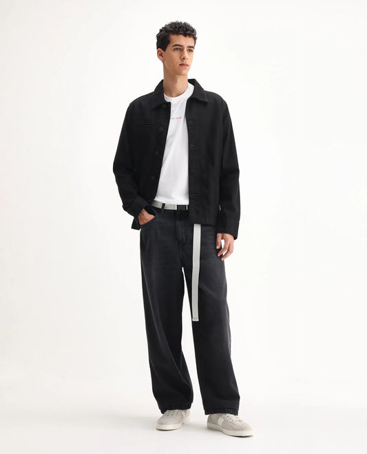 Rare Rabbit Men's Niret Dark Grey Cotton Plain Baggy Fit Jeans