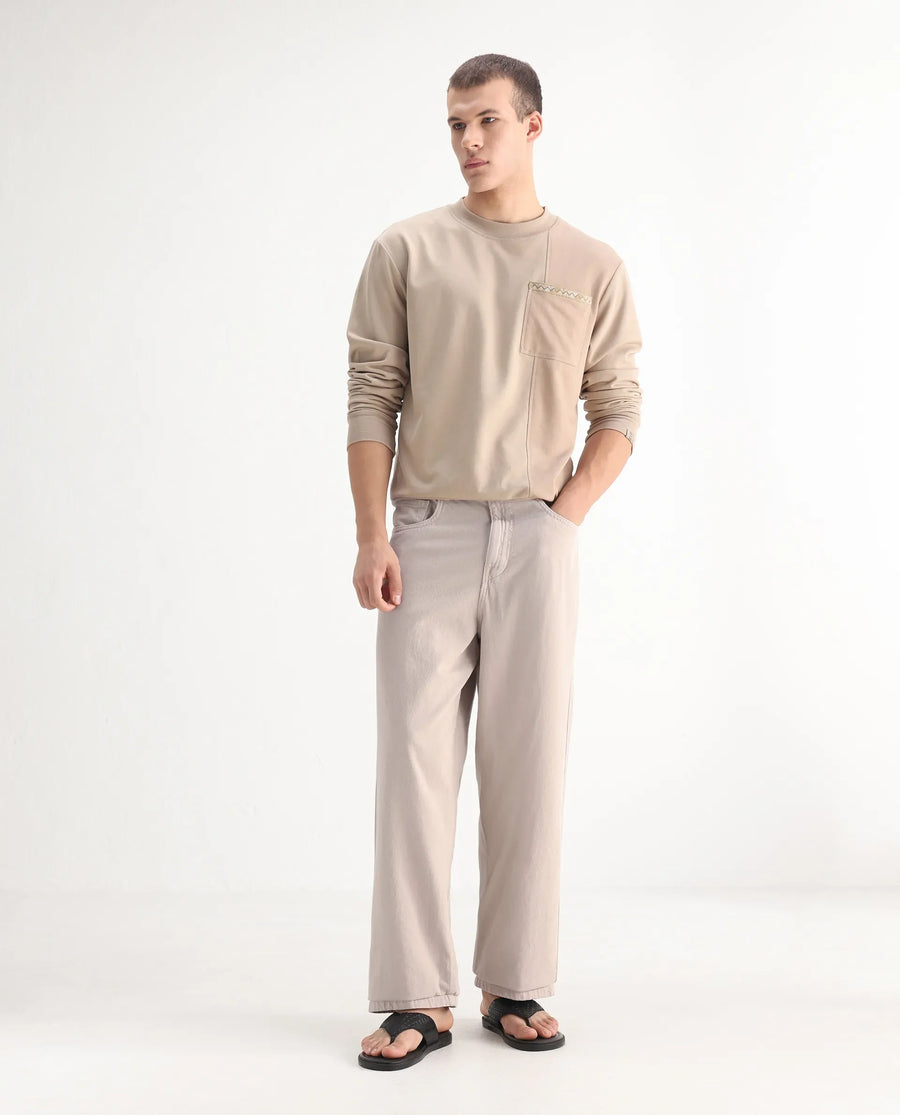 Rare Rabbit Men's Niretor-2 Beige Cotton Plain Baggy Fit Jeans