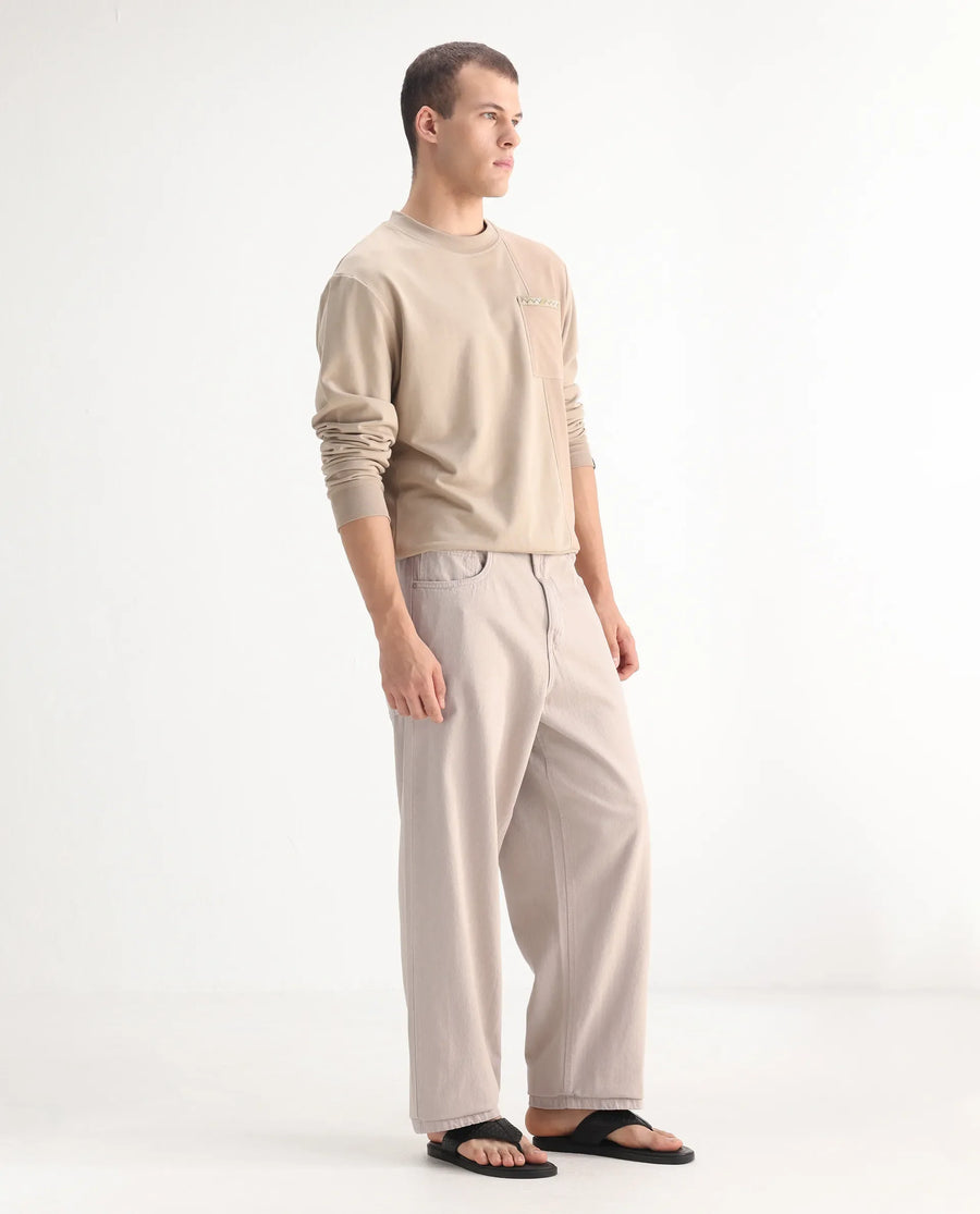 Rare Rabbit Men's Niretor-2 Beige Cotton Plain Baggy Fit Jeans