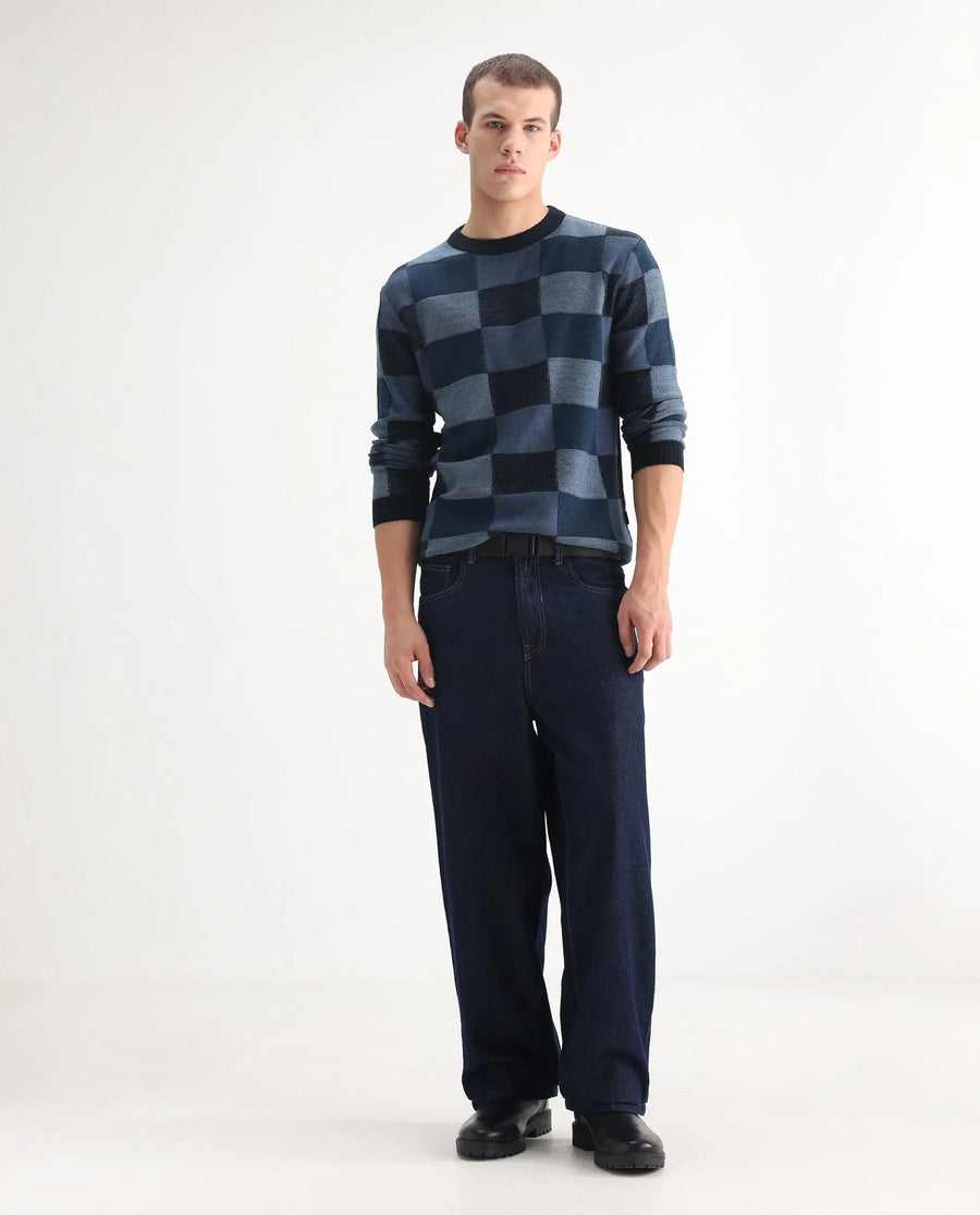 Rare Rabbit Men's Niretor Dark Cotton Plain Baggy Fit Jeans