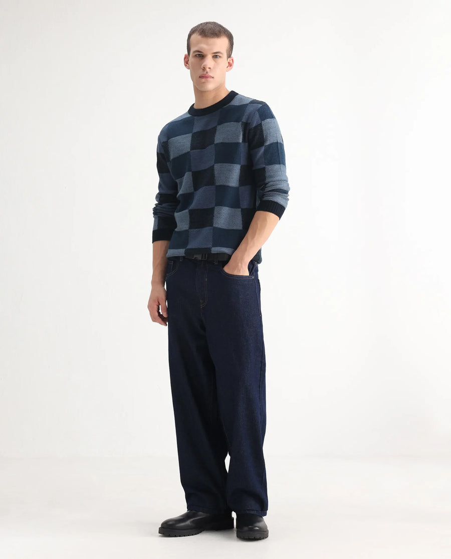 Rare Rabbit Men's Niretor Dark Cotton Plain Baggy Fit Jeans
