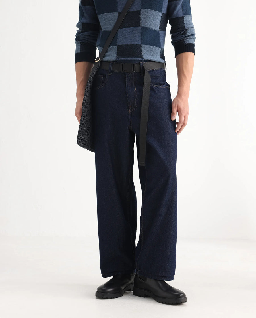 Rare Rabbit Men's Niretor Dark Cotton Plain Baggy Fit Jeans