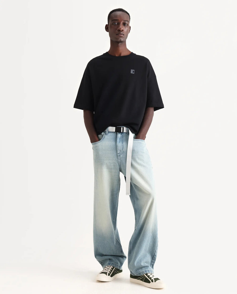 Rare Rabbit Men's Niretor-2 Light Blue Cotton Plain Baggy Fit Jeans