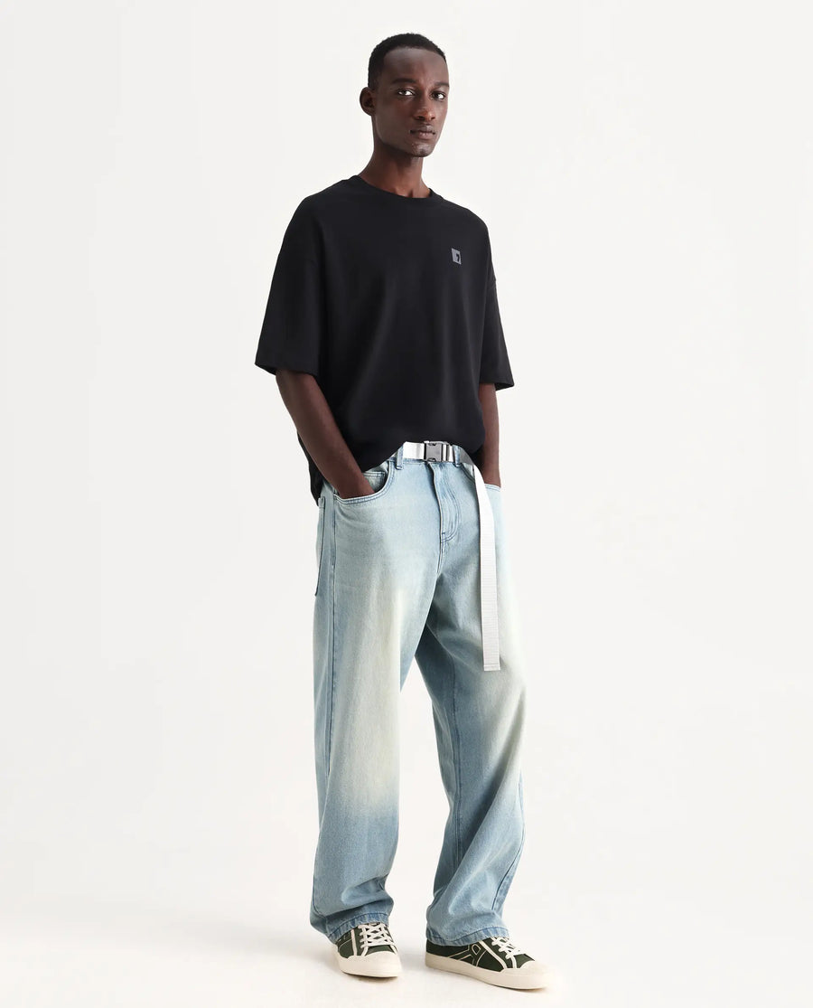 Rare Rabbit Men's Niretor-2 Light Blue Cotton Plain Baggy Fit Jeans