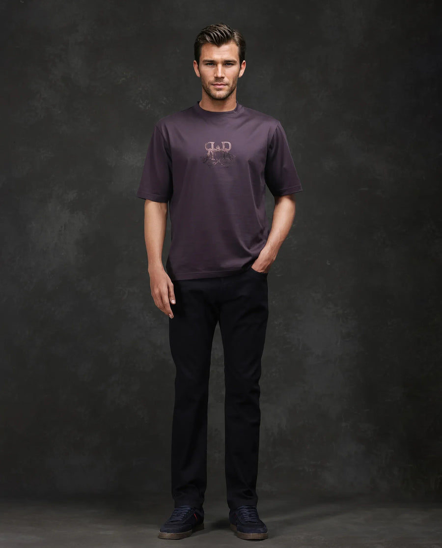 Rare Rabbit Men's Noah Dark Purple Cotton Graphic Print Barcelone Fit Half Sleeve Crew Neck T-Shirt