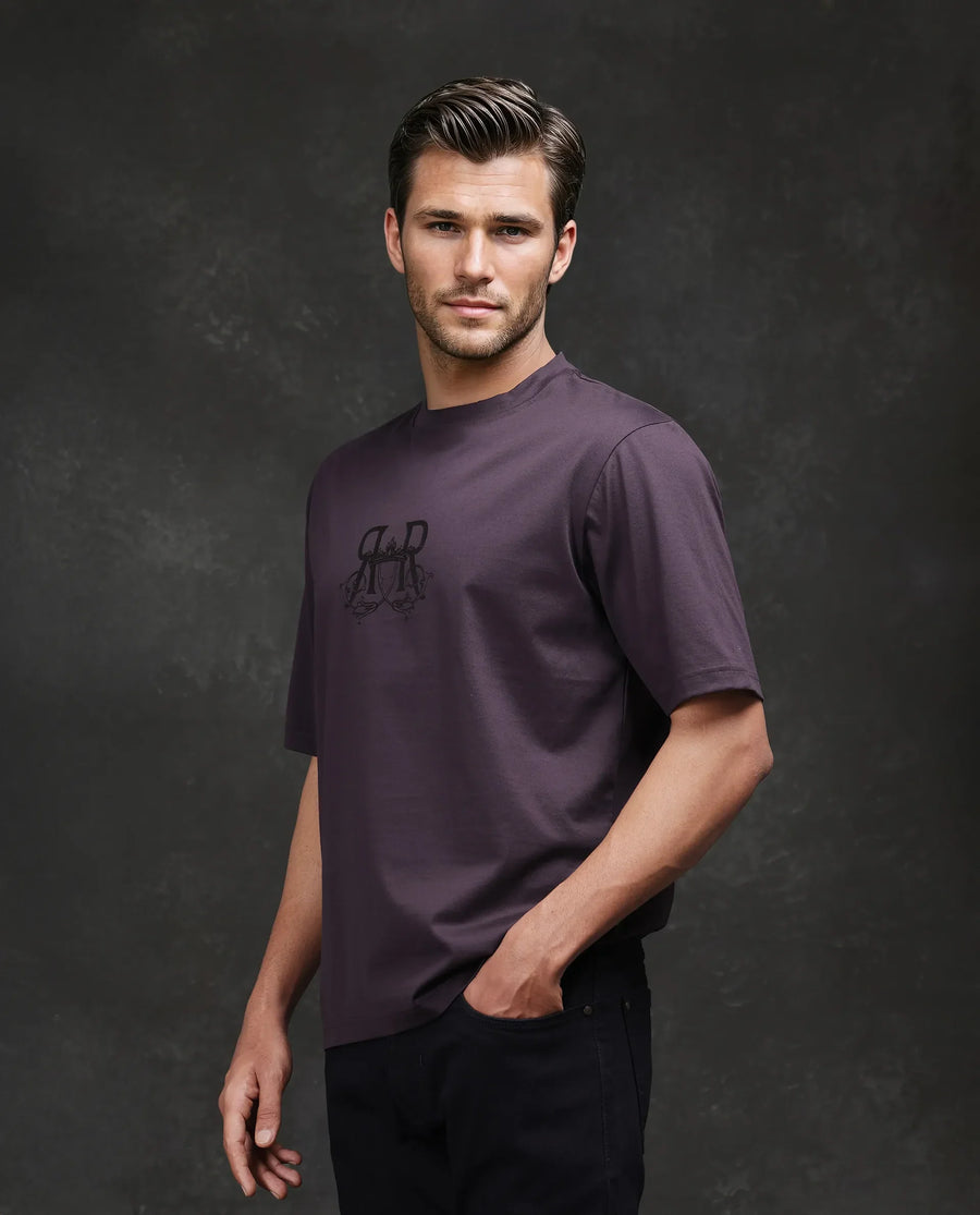 Rare Rabbit Men's Noah Dark Purple Cotton Graphic Print Barcelone Fit Half Sleeve Crew Neck T-Shirt