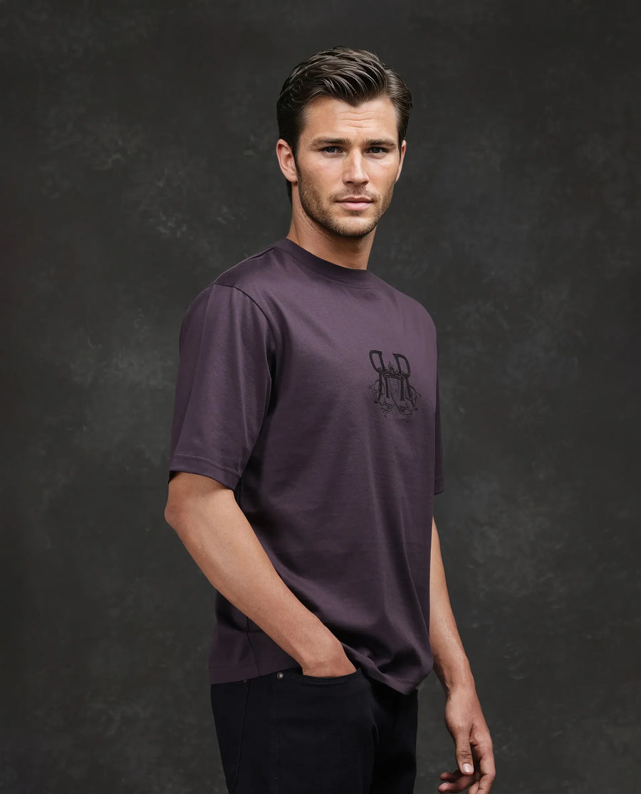 Rare Rabbit Men's Noah Dark Purple Cotton Graphic Print Barcelone Fit Half Sleeve Crew Neck T-Shirt