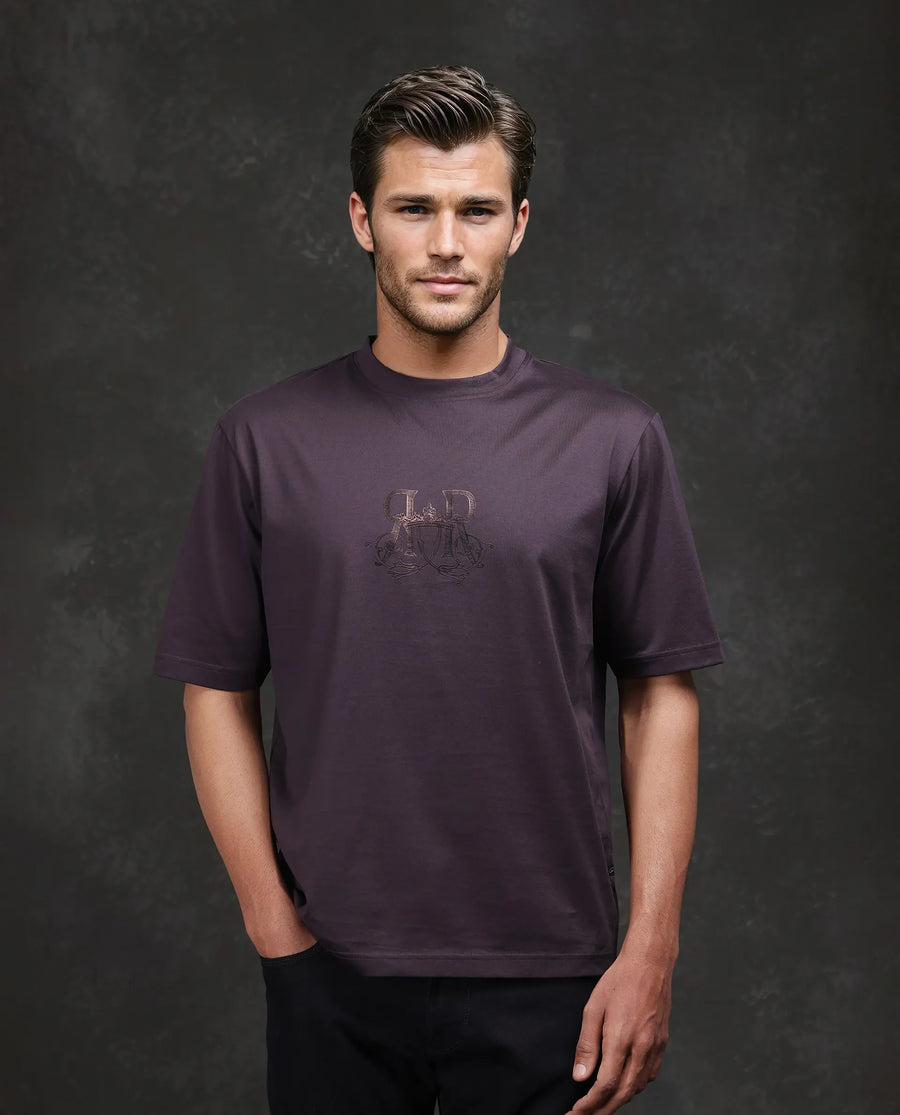 Rare Rabbit Men's Noah Dark Purple Cotton Graphic Print Barcelone Fit Half Sleeve Crew Neck T-Shirt