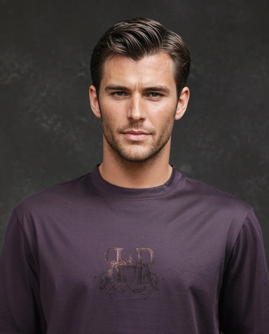 Rare Rabbit Men's Noah Dark Purple Cotton Graphic Print Barcelone Fit Half Sleeve Crew Neck T-Shirt