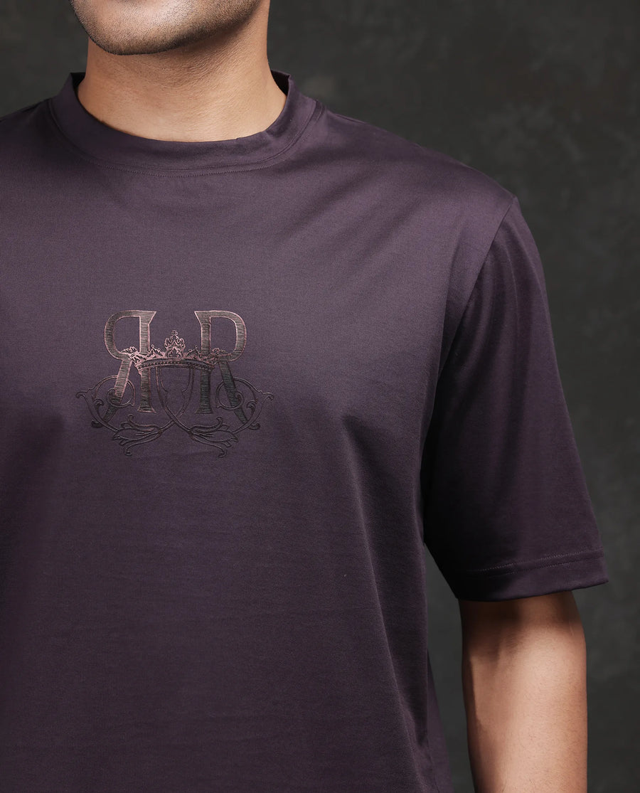 Rare Rabbit Men's Noah Dark Purple Cotton Graphic Print Barcelone Fit Half Sleeve Crew Neck T-Shirt