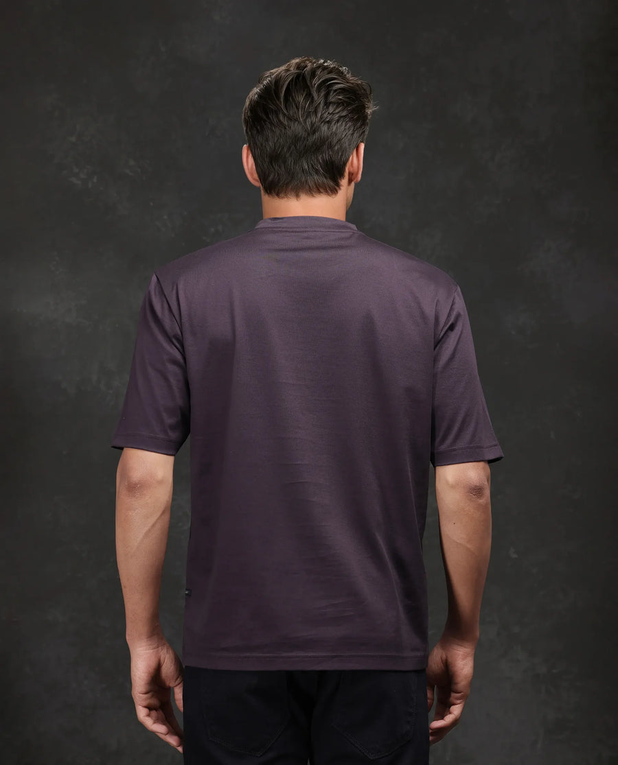 Rare Rabbit Men's Noah Dark Purple Cotton Graphic Print Barcelone Fit Half Sleeve Crew Neck T-Shirt