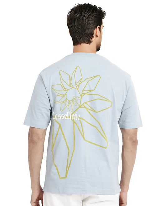 Rare Rabbit Men's Noa Light Blue Cotton Graphic Print Oversized Fit Half Sleeve Crew Neck T-Shirt