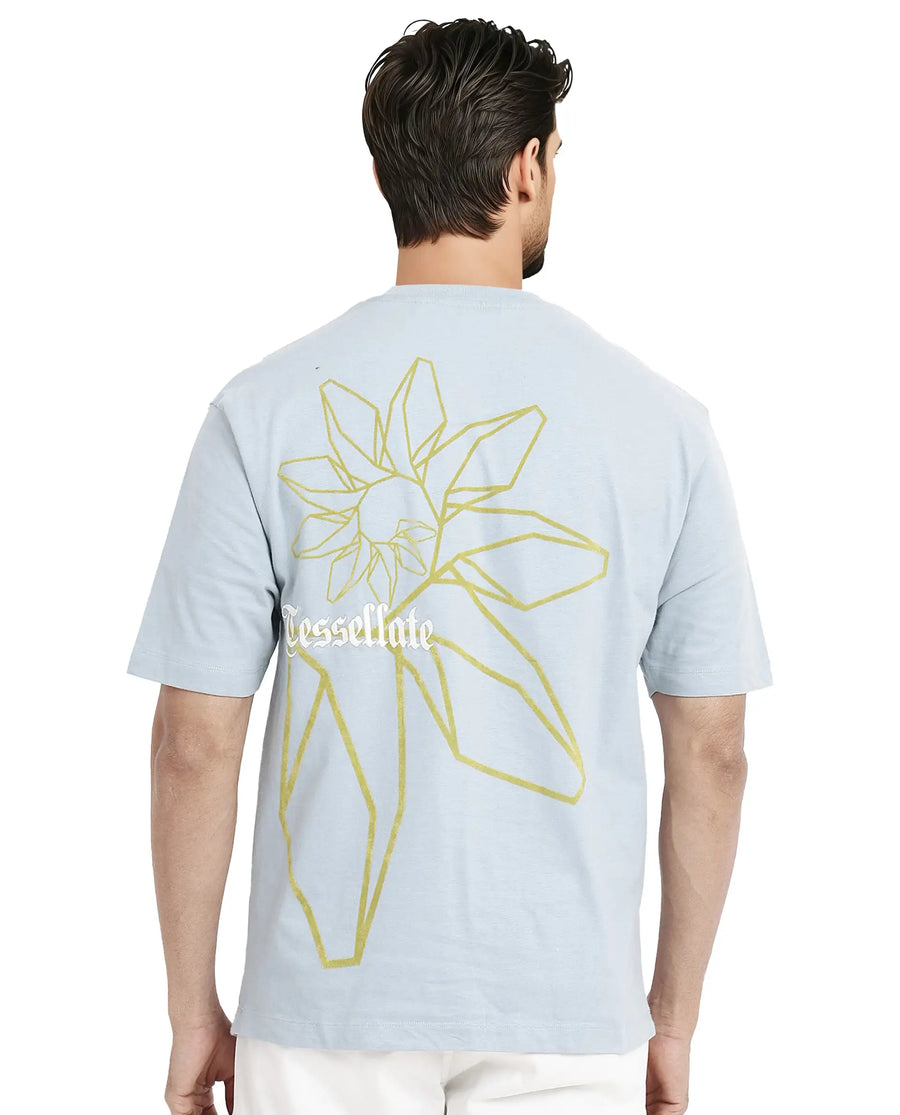 Rare Rabbit Men's Noa Light Blue Cotton Graphic Print Oversized Fit Half Sleeve Crew Neck T-Shirt