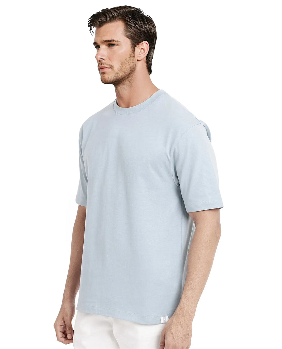 Rare Rabbit Men's Noa Light Blue Cotton Graphic Print Oversized Fit Half Sleeve Crew Neck T-Shirt