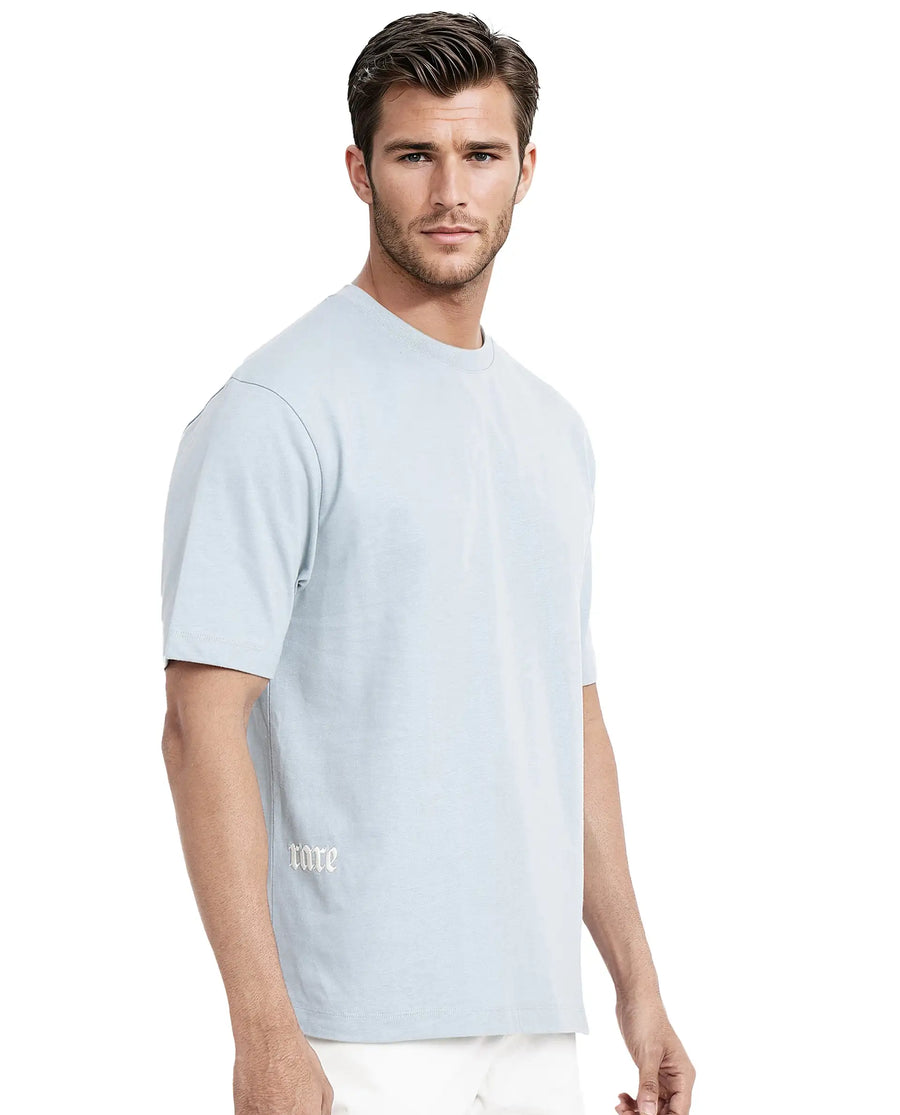 Rare Rabbit Men's Noa Light Blue Cotton Graphic Print Oversized Fit Half Sleeve Crew Neck T-Shirt