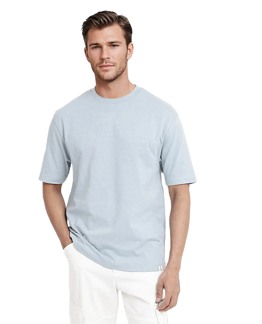 Rare Rabbit Men's Noa Light Blue Cotton Graphic Print Oversized Fit Half Sleeve Crew Neck T-Shirt