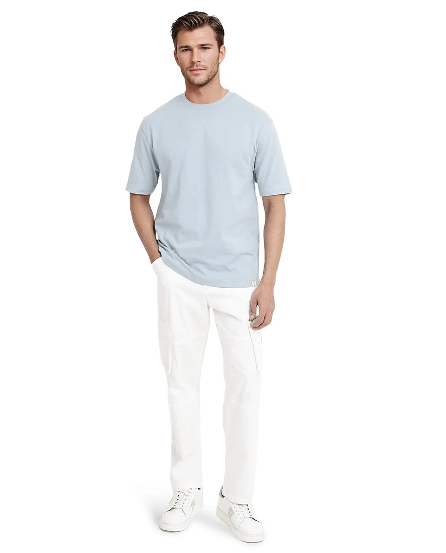 Rare Rabbit Men's Noa Light Blue Cotton Graphic Print Oversized Fit Half Sleeve Crew Neck T-Shirt