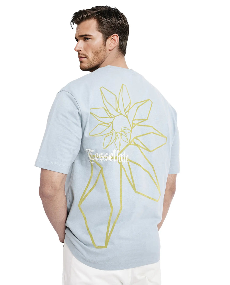 Rare Rabbit Men's Noa Light Blue Cotton Graphic Print Oversized Fit Half Sleeve Crew Neck T-Shirt