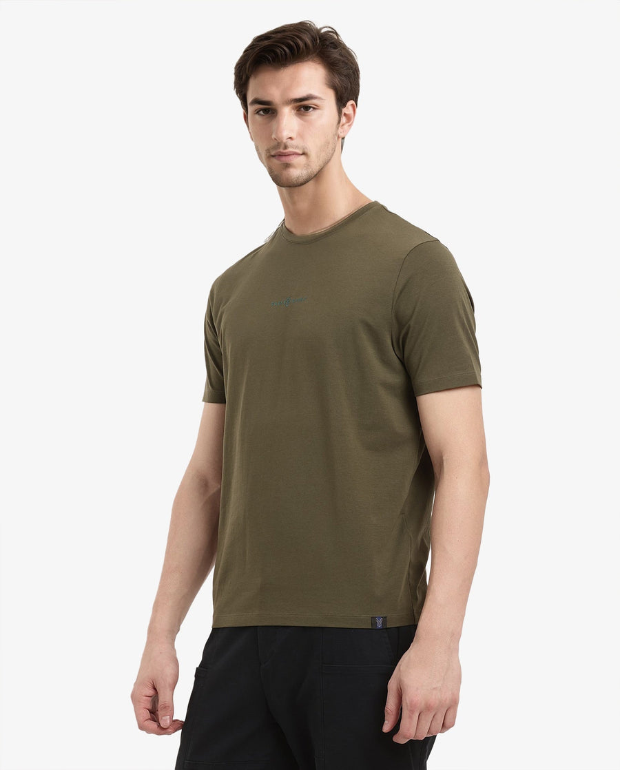 Rare Rabbit Men's Noam Dusky Olive Cotton Graphic Print Regular Fit Half Sleeve Crew Neck T-Shirt