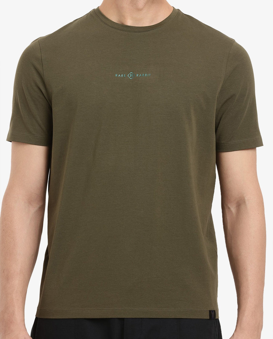 Rare Rabbit Men's Noam Dusky Olive Cotton Graphic Print Regular Fit Half Sleeve Crew Neck T-Shirt
