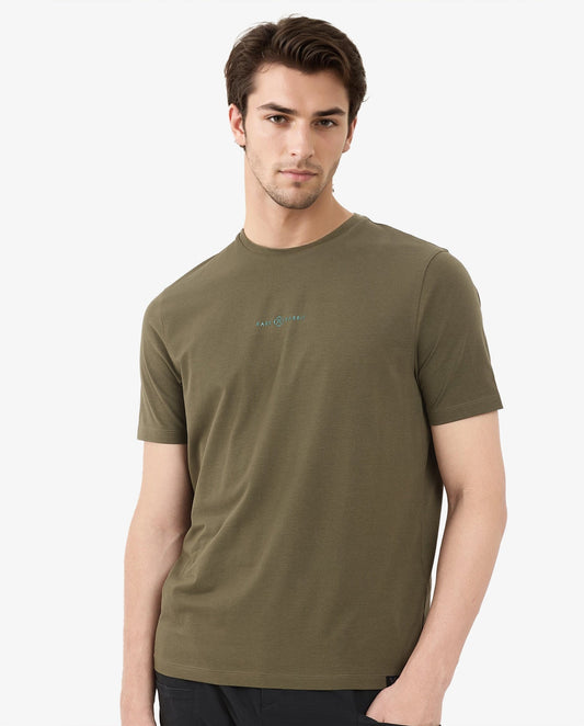 Rare Rabbit Men's Noam Dusky Olive Cotton Graphic Print Regular Fit Half Sleeve Crew Neck T-Shirt