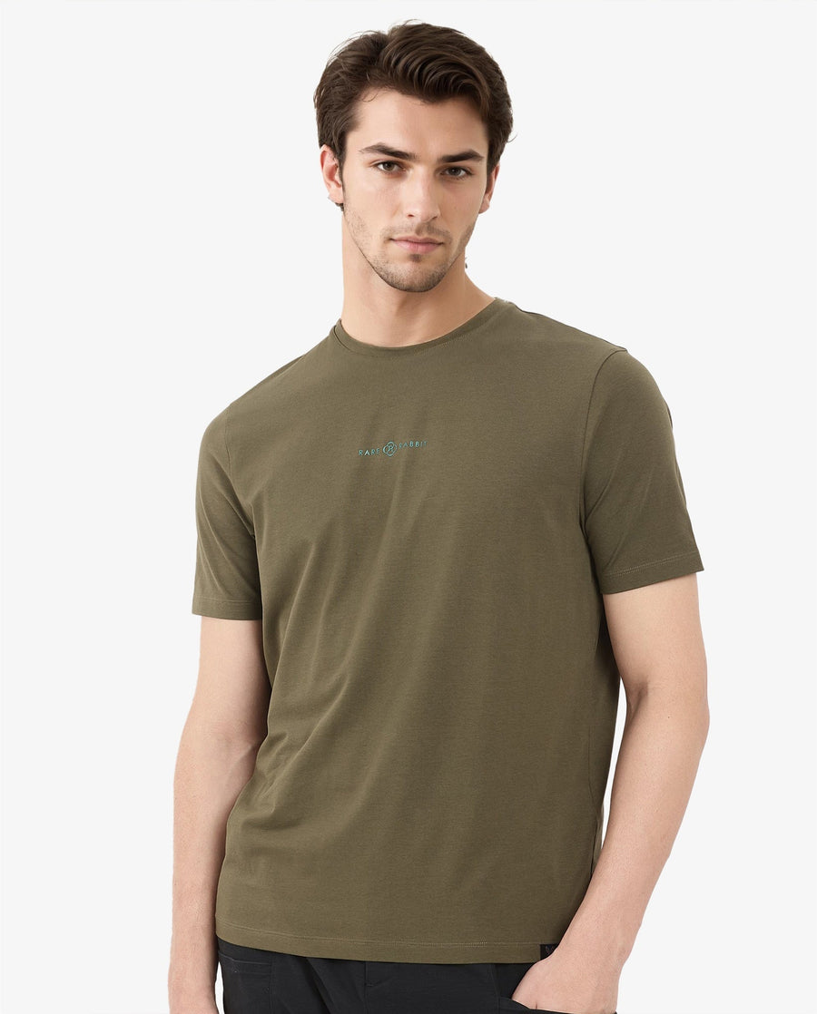 Rare Rabbit Men's Noam Dusky Olive Cotton Graphic Print Regular Fit Half Sleeve Crew Neck T-Shirt