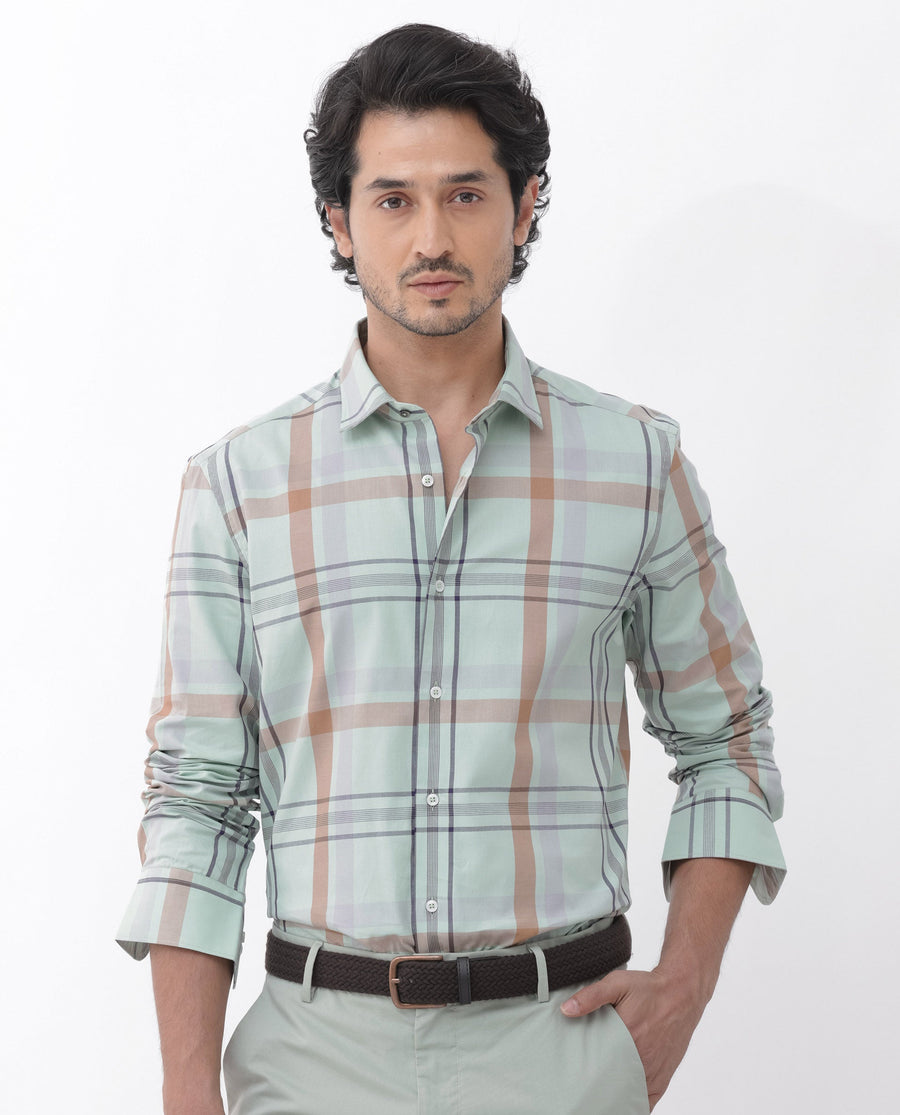 Rare Rabbit Men's Noan Dusky Green Cotton Checked Print Regular Fit Full Sleeve Collared Shirt