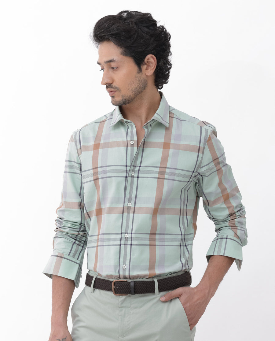 Rare Rabbit Men's Noan Dusky Green Cotton Checked Print Regular Fit Full Sleeve Collared Shirt