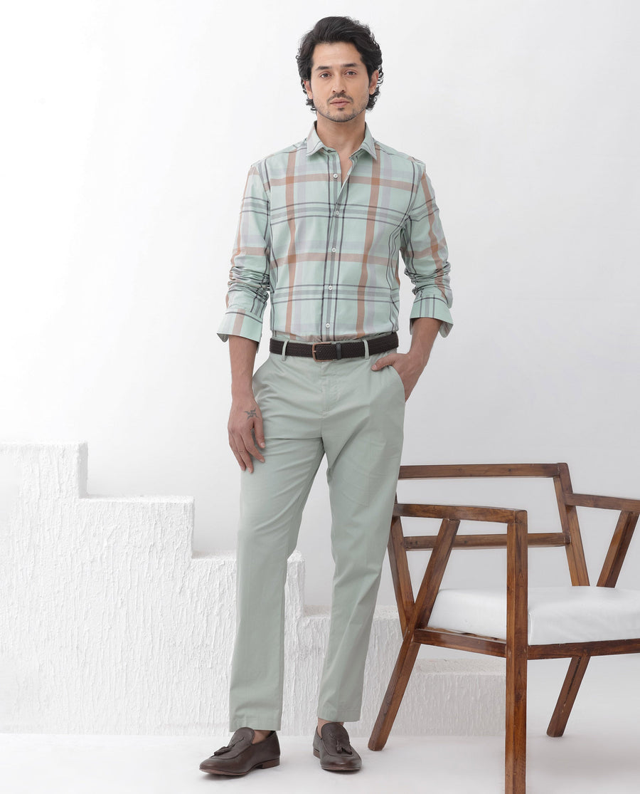 Rare Rabbit Men's Noan Dusky Green Cotton Checked Print Regular Fit Full Sleeve Collared Shirt