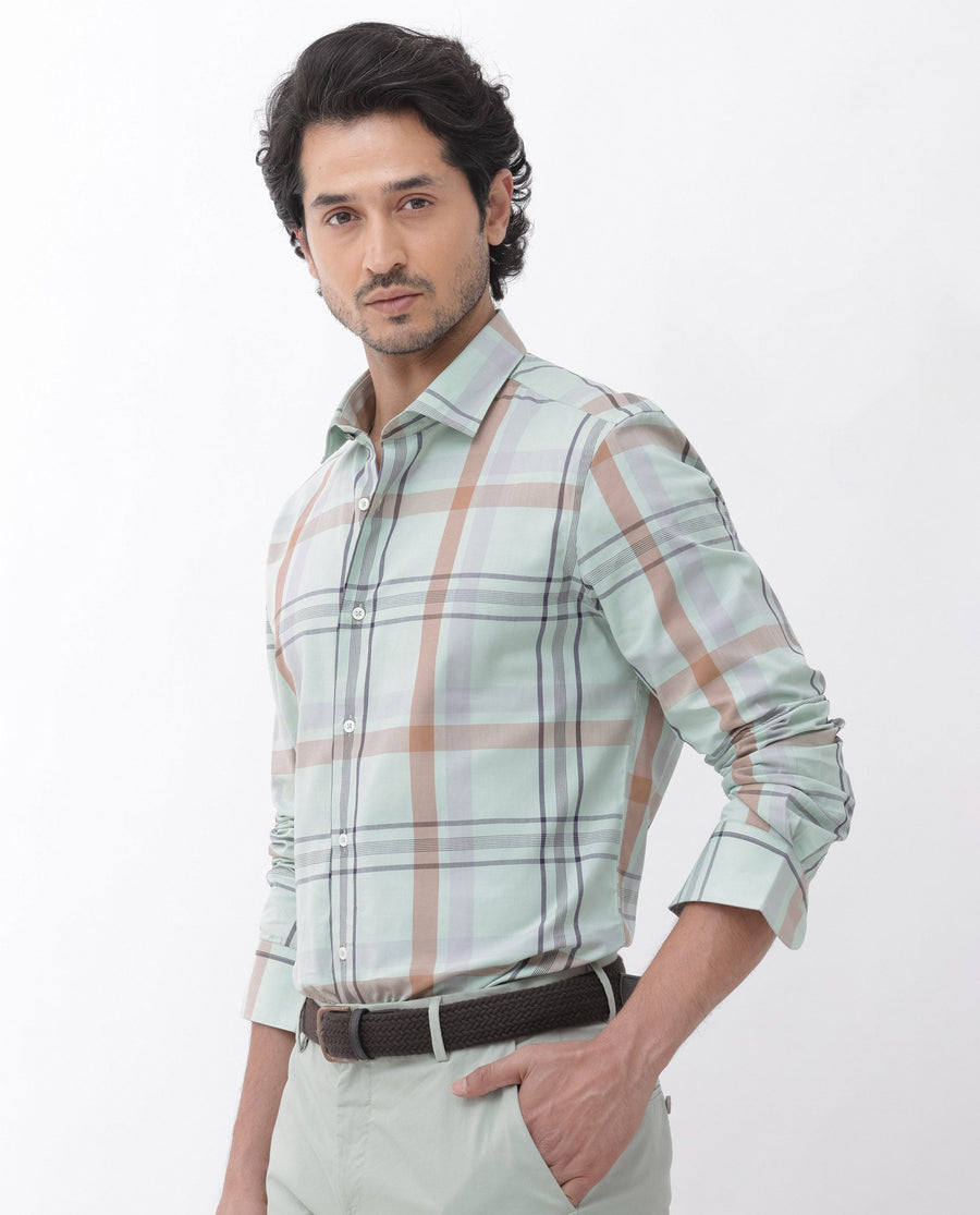 Rare Rabbit Men's Noan Dusky Green Cotton Checked Print Regular Fit Full Sleeve Collared Shirt