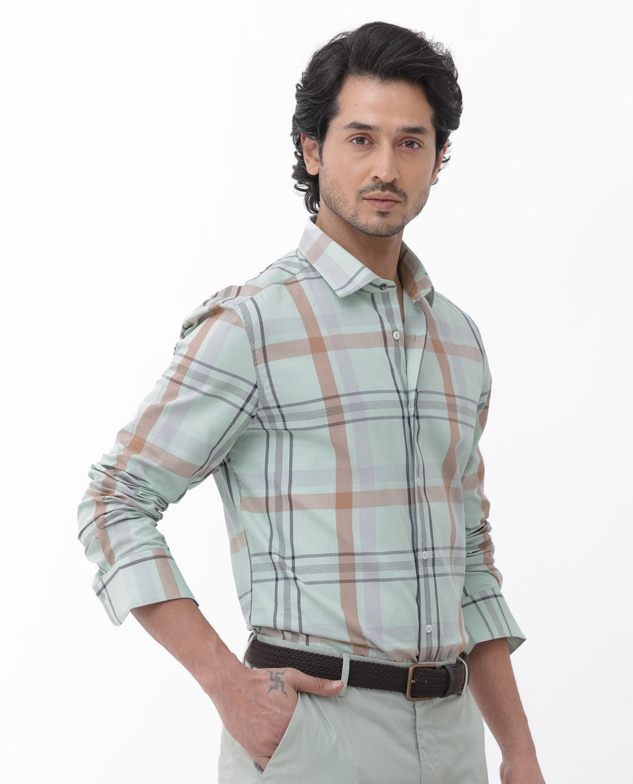 Rare Rabbit Men's Noan Dusky Green Cotton Checked Print Regular Fit Full Sleeve Collared Shirt